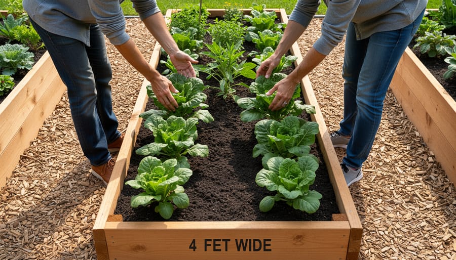 Gardener reaching across raised bed demonstrating comfortable access to plants