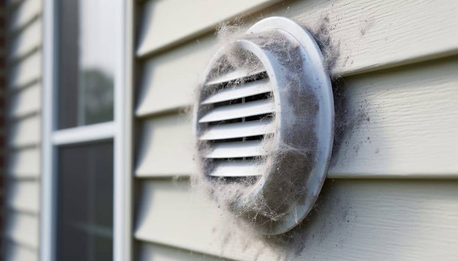 Exterior dryer vent cover with visible lint buildup on home siding