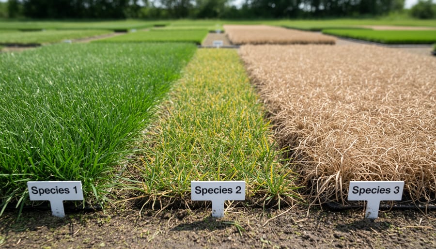 Side-by-side comparison of dormant and green lawn grass during drought conditions