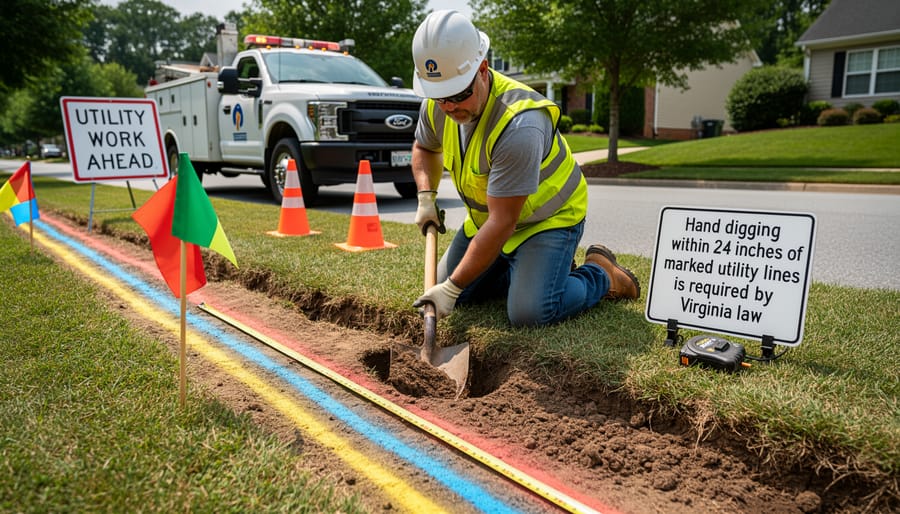 Gloved hands using manual digging tool near utility marking flags in lawn
