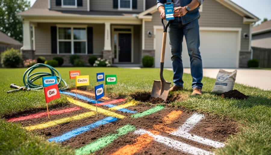Homeowner checking smartphone next to utility markings on residential lawn