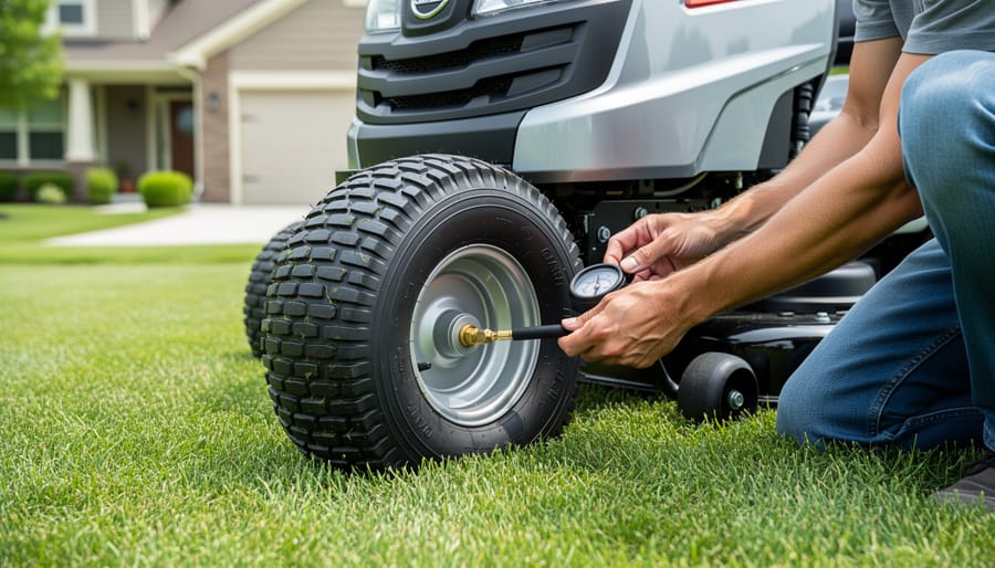 Person inflating new John Deere lawn mower tire with air compressor while checking pressure gauge