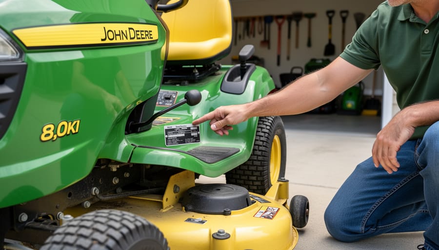 Close-up of John Deere model identification plate showing serial number location