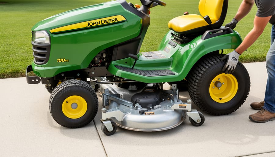 John Deere riding mower with attached mower deck showing mounting connection points
