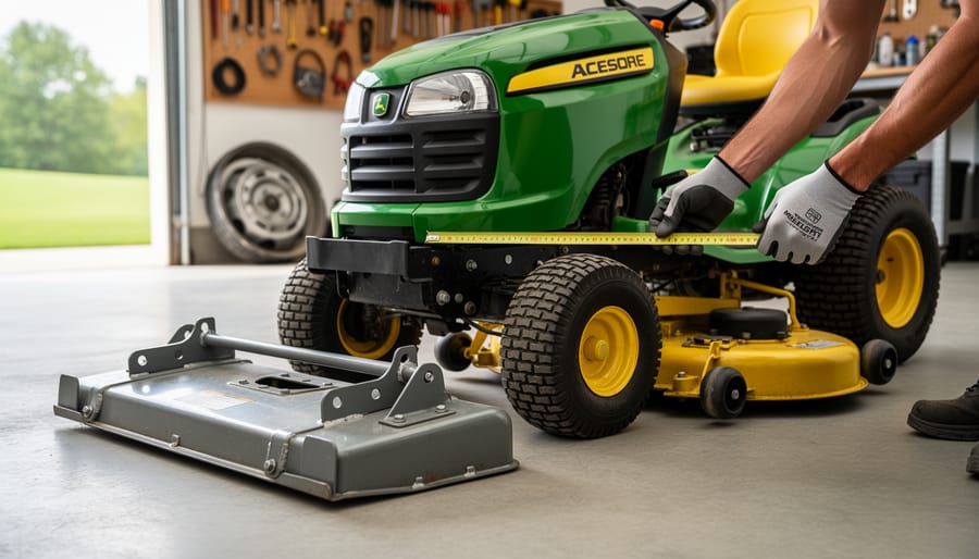 Gloved hands measure mower deck mounting brackets on a green-and-yellow lawn tractor with the deck removed in a garage, with a spare deck and tools softly blurred in the background.