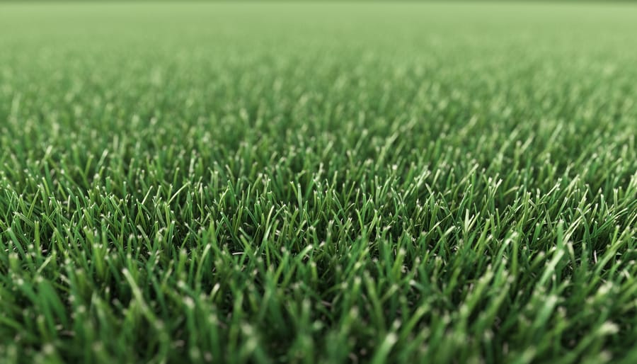 Close-up of Kentucky bluegrass blades with water droplets showing distinctive texture