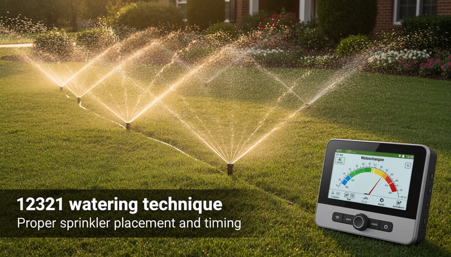 Overhead view of lawn sprinkler watering healthy green grass with water droplets visible