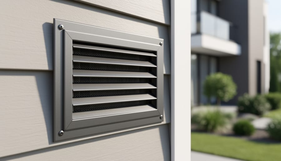 Modern stainless steel dryer vent cover with pest protection installed on home exterior