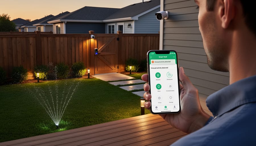 Gardener monitoring smart lawn care devices on tablet while inspecting yard equipment