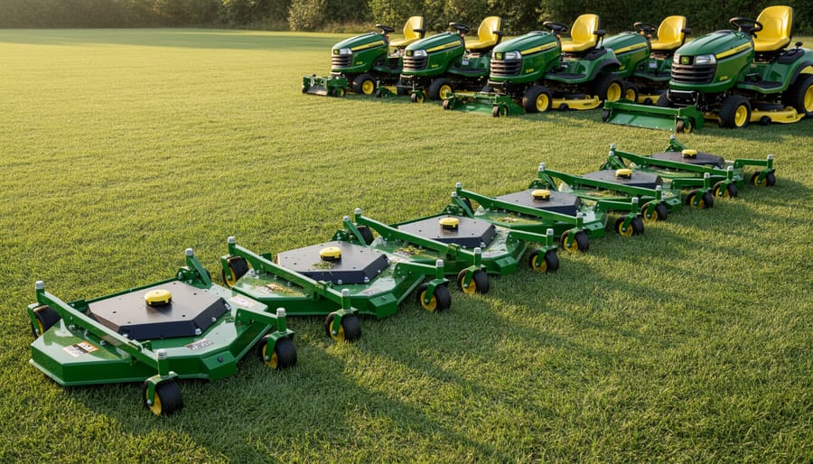 Three different sized John Deere mower decks displayed side-by-side showing size variations