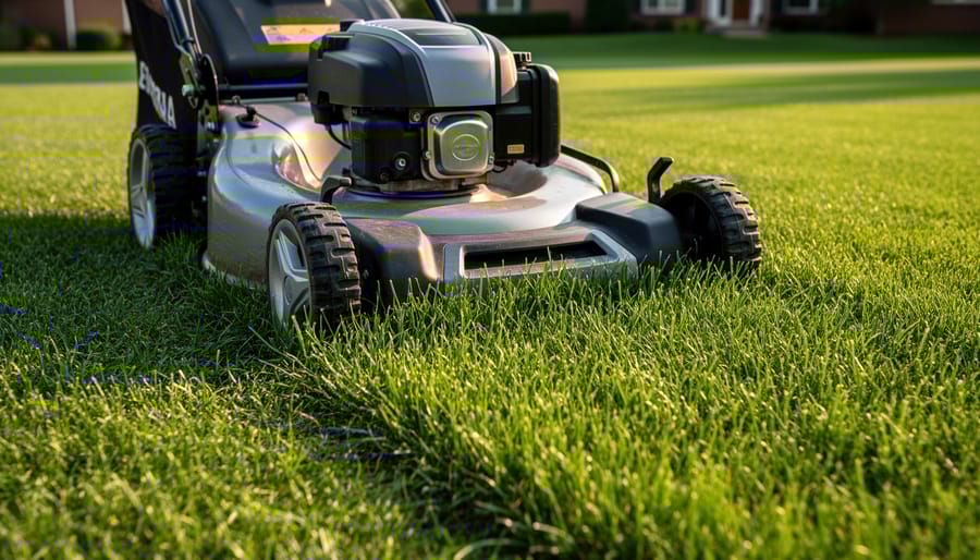 Homeowner adjusting lawn mower cutting height for drought-stressed grass