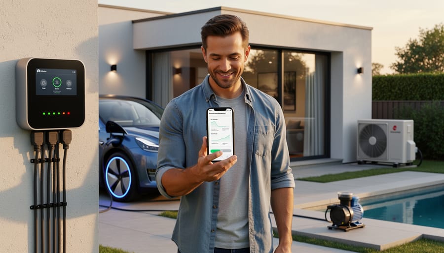 Person charging electric lawn mower with EV charging in background