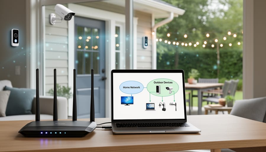 Wireless router on desk with garden view showing network separation concept for IoT devices