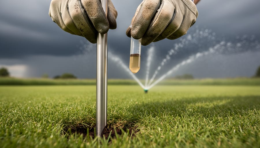 Gloved hands use a soil probe and hold a small clear test vial over a green backyard lawn, with sprinkler mist and faint storm clouds softly blurred behind.