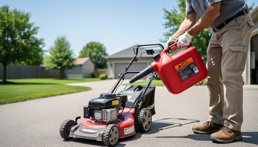Person safely refueling lawn mower outdoors on concrete driveway