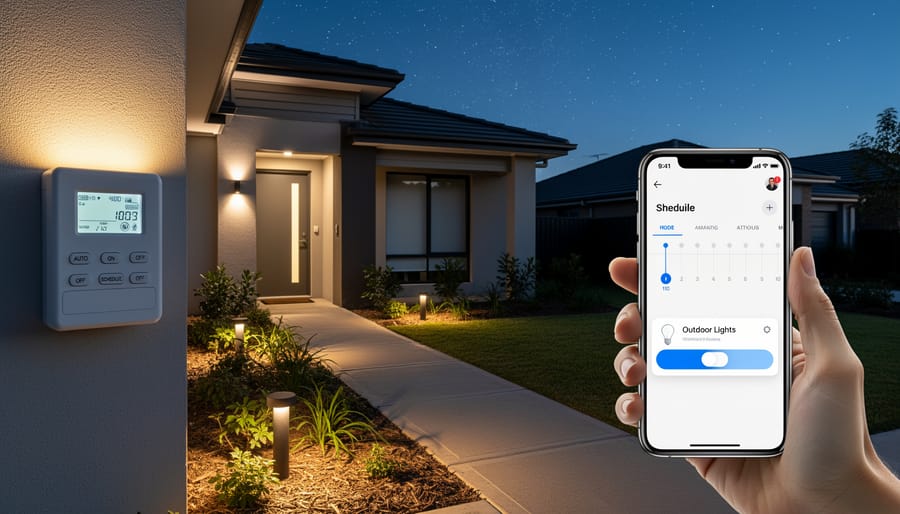Hands adjusting timer controls on outdoor garden light fixture