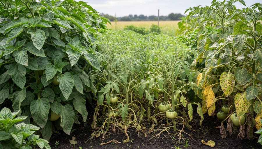 Overcrowded raised bed garden with plants too closely spaced together