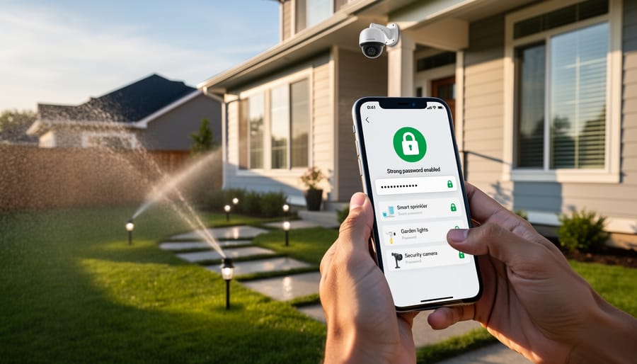 Homeowner using smartphone to manage passwords for smart lawn care devices in backyard