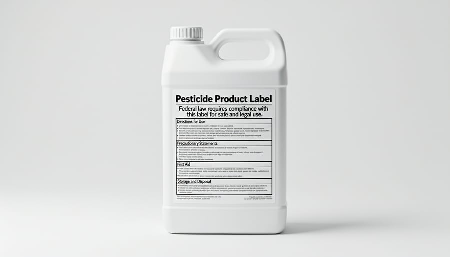 Close-up of pesticide bottle label showing warning symbols and usage instructions