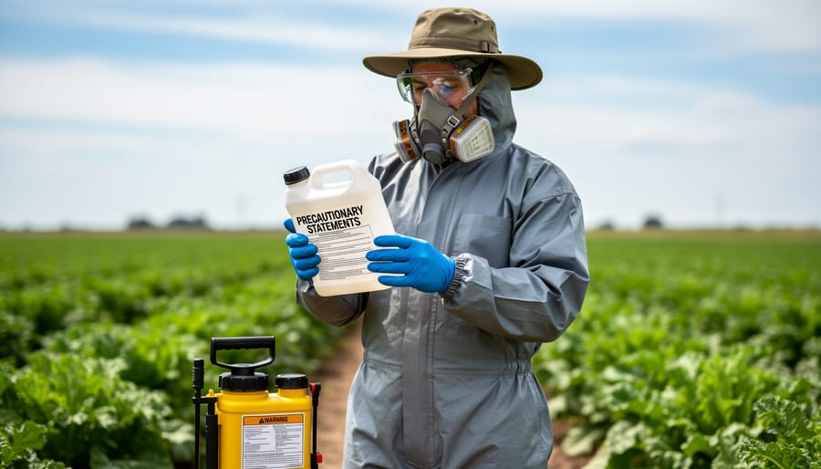 Safety equipment including gloves, goggles, and respirator for pesticide application