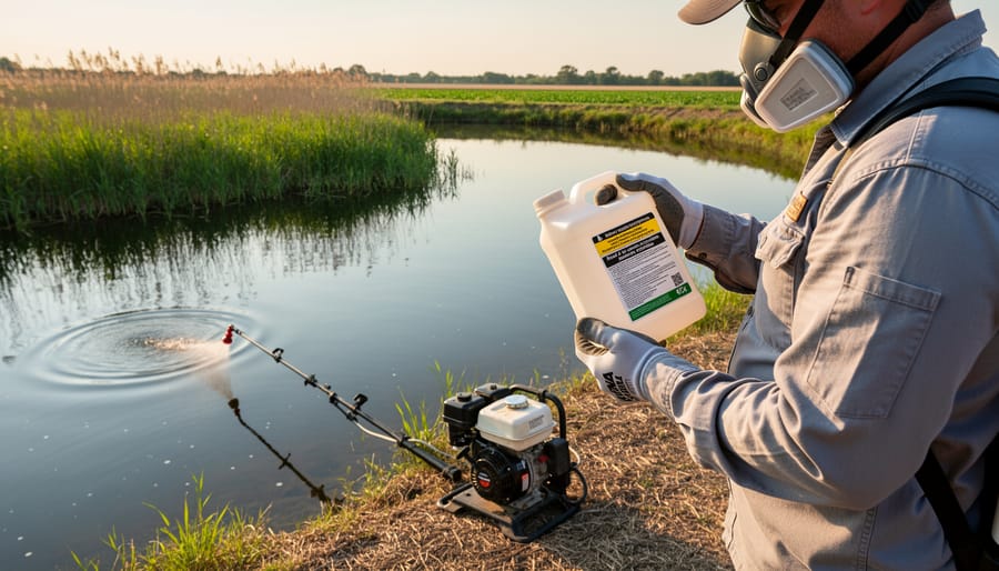 Garden sprayer positioned near decorative pond showing environmental proximity concerns