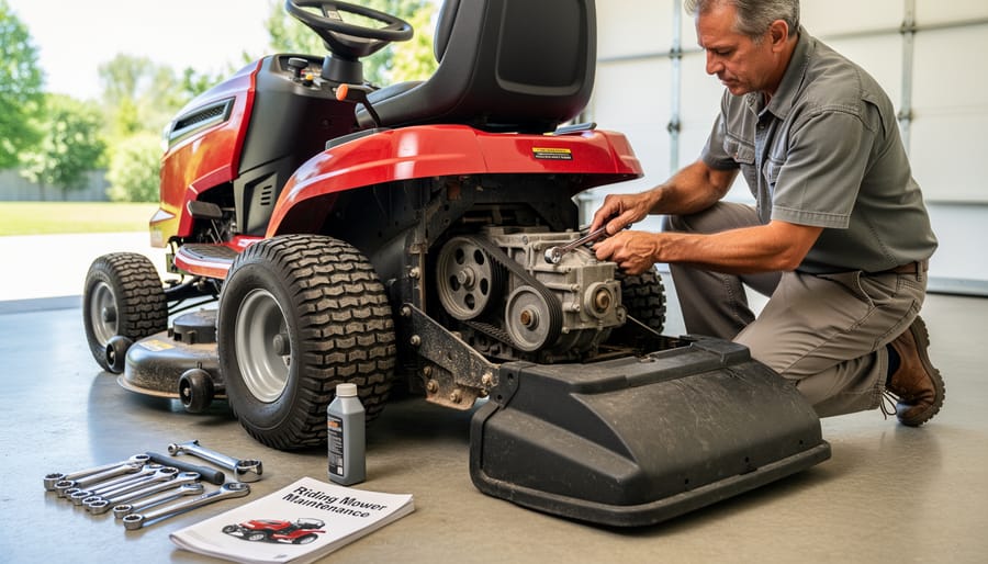 Person performing routine maintenance on riding lawn mower in home garage
