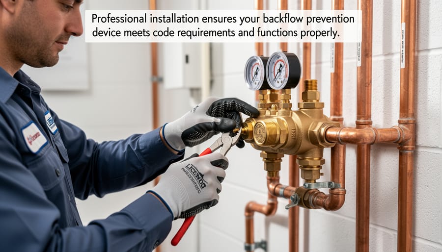 Plumber installing backflow prevention device on outdoor irrigation system