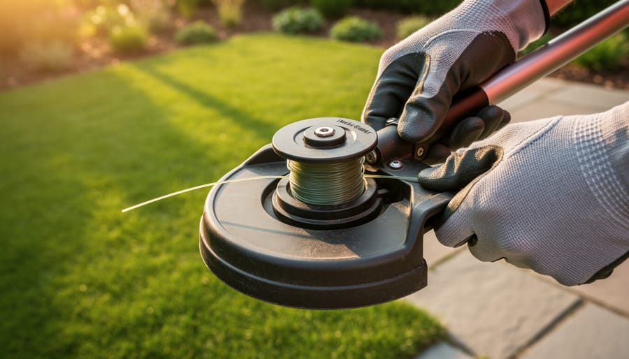 Gloved hands insert a pre-wound spool into an open string trimmer head outdoors, with warm side light and a softly blurred lawn and garden border behind.