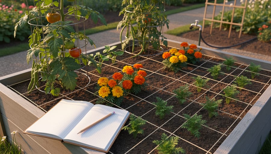 Raised garden bed divided with twine into square-foot sections, growing a caged tomato beside climbing beans, marigolds, and neat rows of carrots, with a graph-paper notebook and pencil at the corner in warm golden-hour light; blurred path, hose spigot, and trellis in the background.