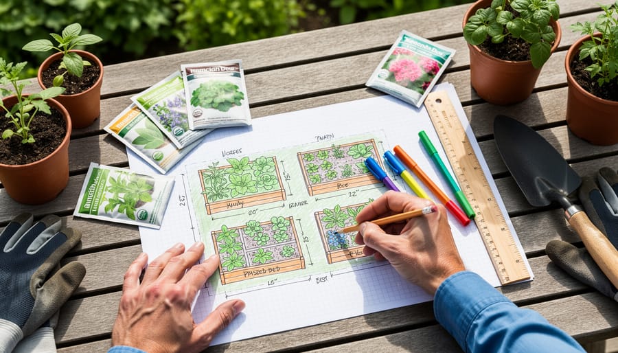 Overhead view of hands planning garden layout on grid paper with seed packets nearby