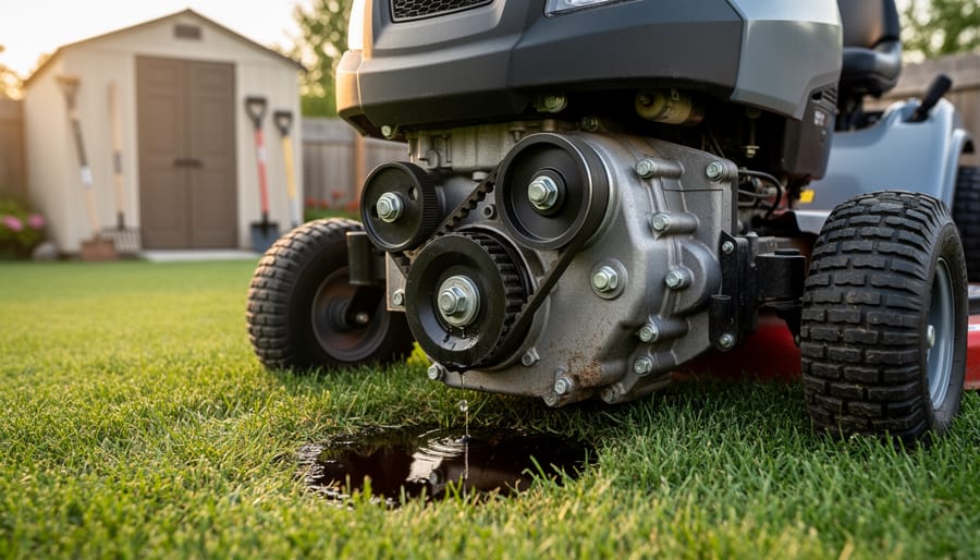 Close-up of a riding mower’s rear transmission and drive belt with a small oil puddle beneath, shot low to the ground on a backyard lawn with a shed and tools blurred in the background