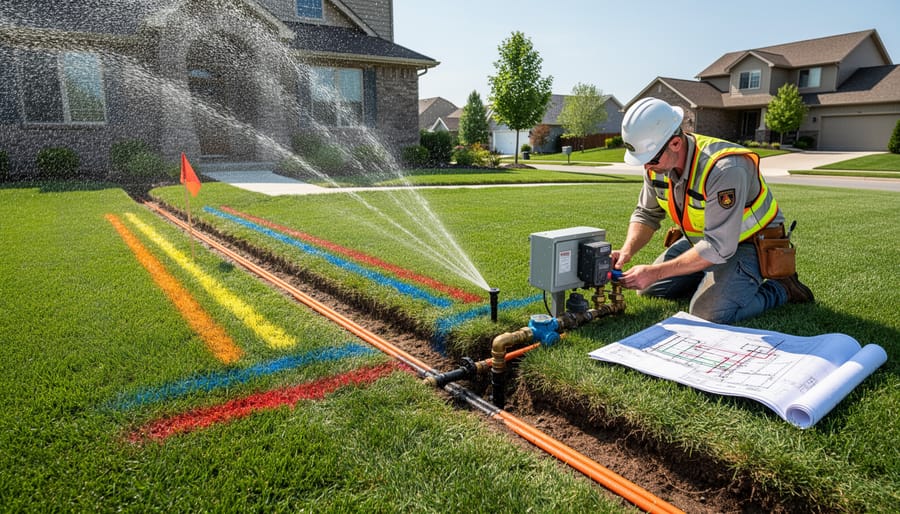 Overhead view of lawn irrigation system operating with utility markers visible at safe distances