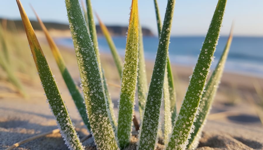 Close-up of coastal grass blades with salt crystal deposits and ocean in background