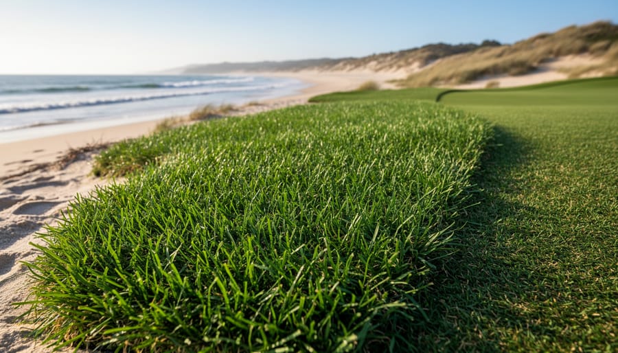 Healthy salt-tolerant Seashore Paspalum grass sample held over coastal sandy soil