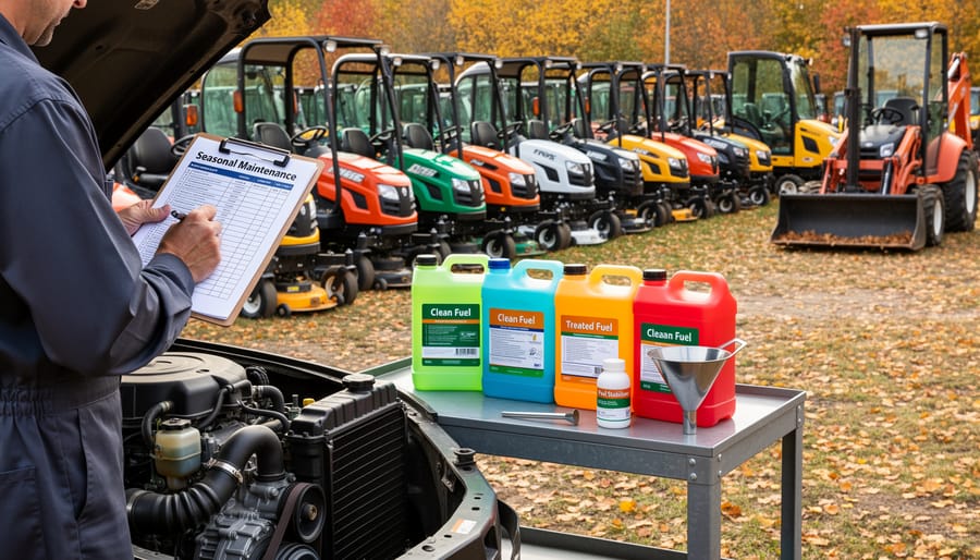 Close-up of hands performing seasonal lawn mower maintenance and fuel system care