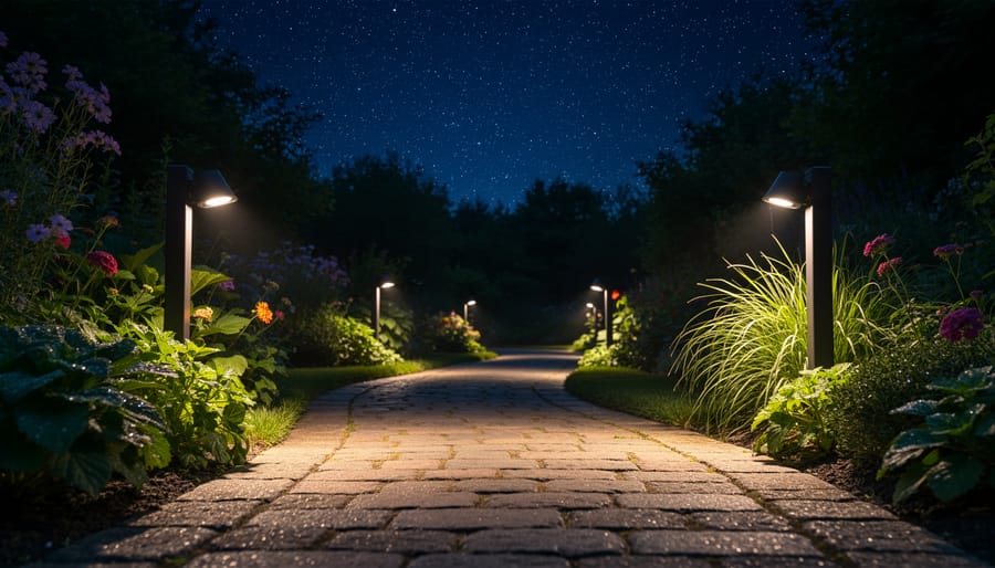 Garden pathway at night with shielded LED lights directing illumination downward