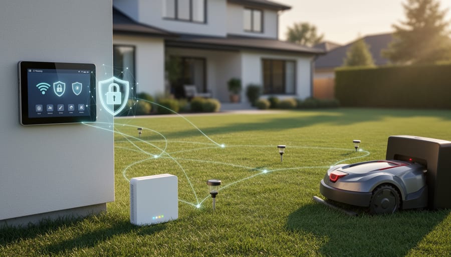 Smart sprinkler controller mounted on house exterior wall with garden in background