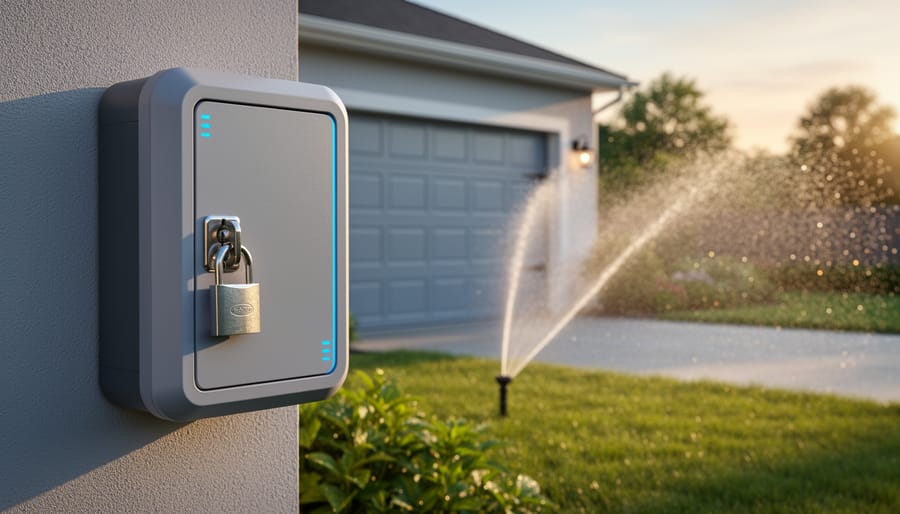 Close-up of a smart irrigation controller cabinet on an exterior wall secured with a metal padlock, with a residential lawn sprinkler spraying in a blurred backyard at sunrise.