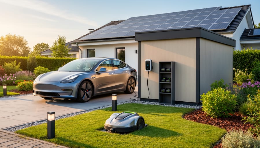 Silver electric car plugged into a wall-mounted smart charger by a garden shed, robotic lawn mower on its charging dock, cordless trimmer batteries charging nearby, and rooftop solar panels, all in a landscaped yard at golden hour.