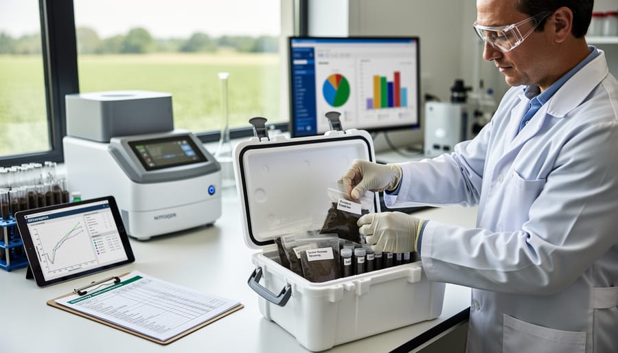 Collected soil samples in containers with sampling tools on wooden surface