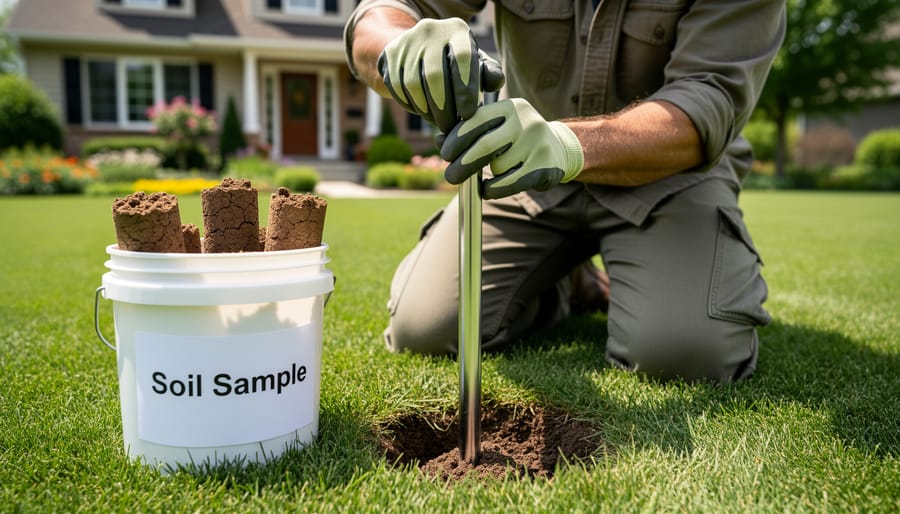 Person using soil probe to collect sample from lawn for nitrogen testing