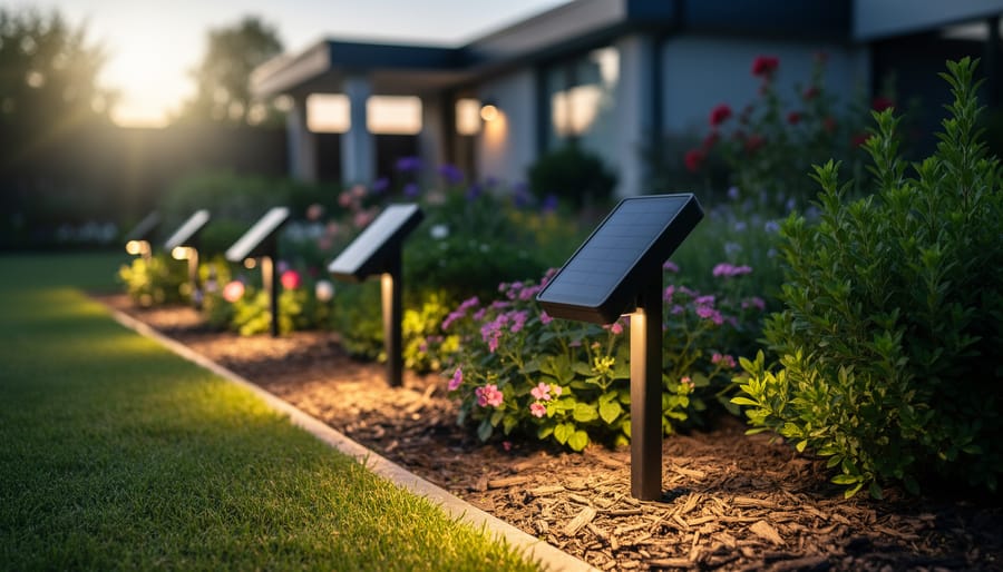 Solar-powered garden light fixture with integrated solar panel in landscaped garden bed
