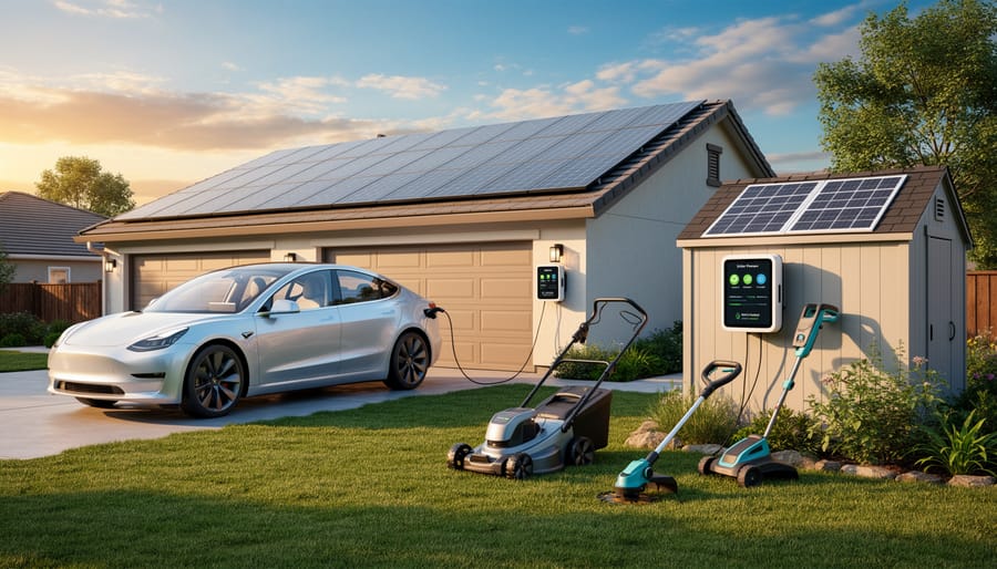 Aerial view of home with solar panels, EV charger, and electric lawn equipment showing sustainable yard setup