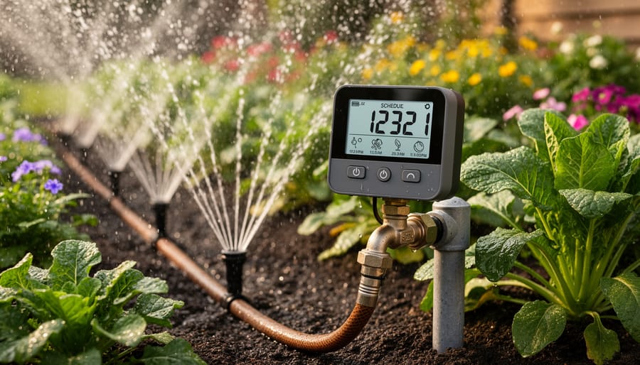 Person's hand adjusting programmable sprinkler timer on outdoor wall