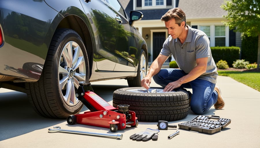 Overhead view of tire change tools including tire irons, wrenches, and new tire on workbench