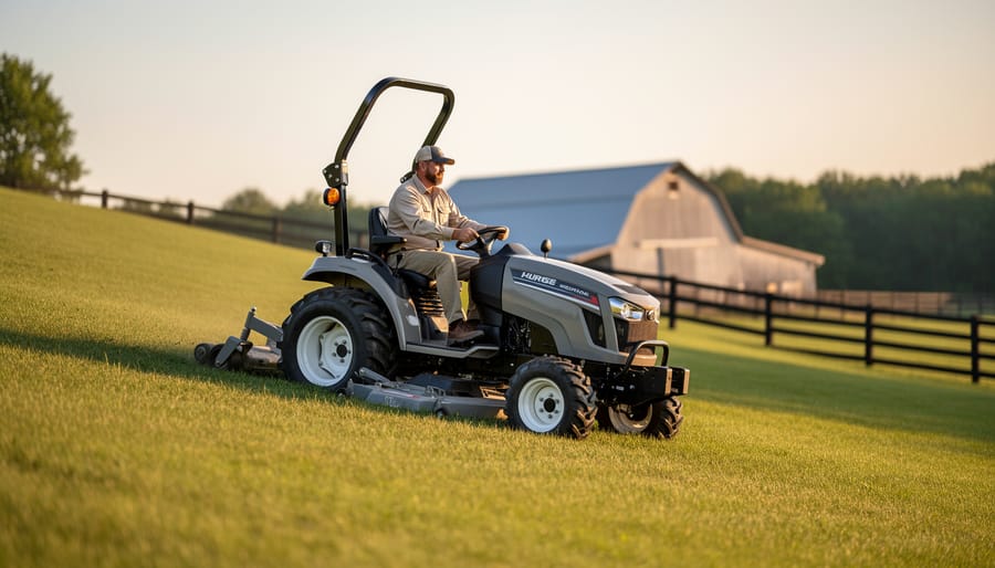 Compact tractor with a roll bar and seat-belted operator mowing a grassy hillside at golden hour, with a blurred fence line, barn, and trees in the background.