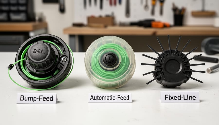 Three different types of string trimmer heads displayed showing various loading mechanisms