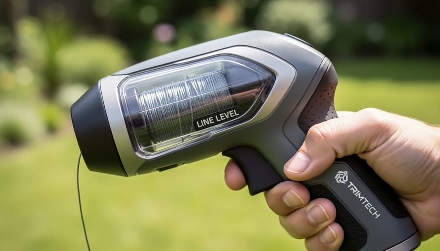 Close-up of transparent trimmer head window showing orange line wound on spool