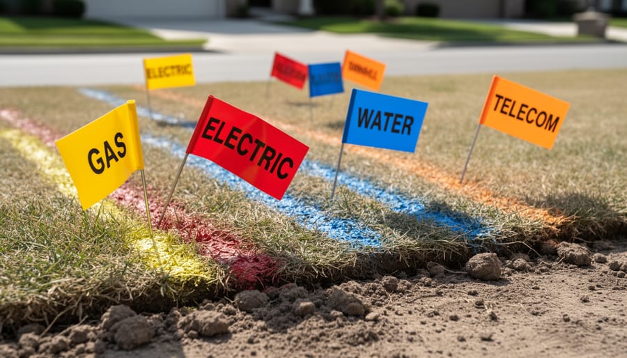 Multiple colored utility marking flags in residential lawn indicating underground lines