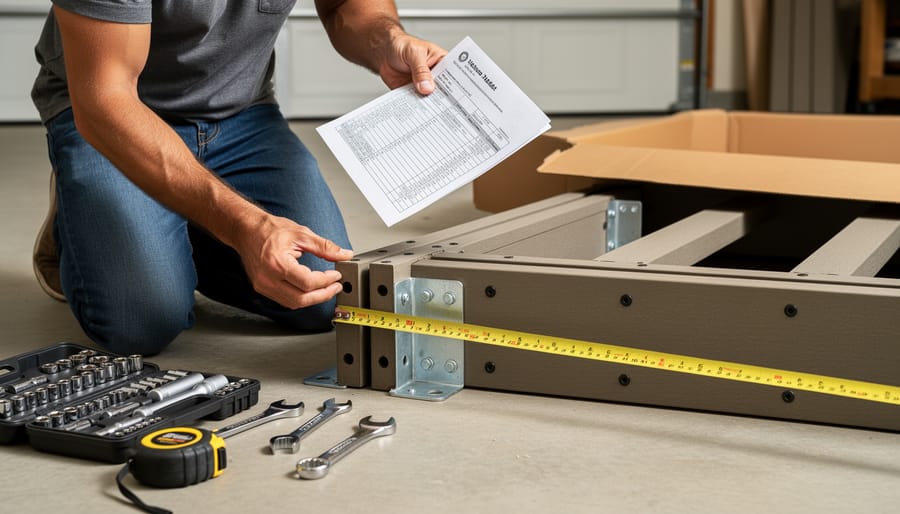 Mechanic inspecting mower deck mounting points and brackets on John Deere tractor undercarriage
